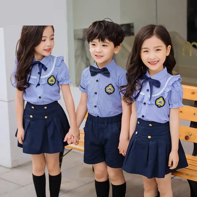 

Children Cotton Korean Japanese School Uniform for Girls Boys Blue Shirt Navy Skirt Shorts Set Tie Clothes Student Outfits Suit