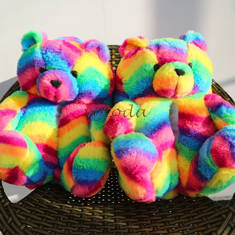 Teddy Bear Slippers Women Cute Cartoon Slides Furry Warm Soft Shoes Home Non-slip Cotton Flip Flops Rainbow Teddies Bear Slipper best house slippers