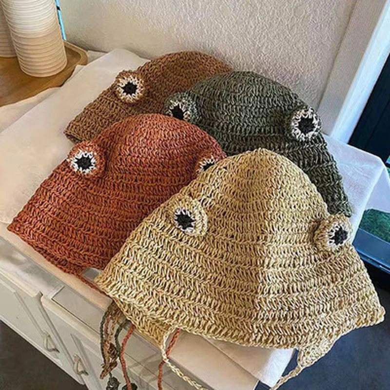 

1PC Frogs Straw Weaving Hats Women Sun Protection Sun Hat Adjustable strap Fisherman Hat Outdoor Casual Caps sombreros de mujer