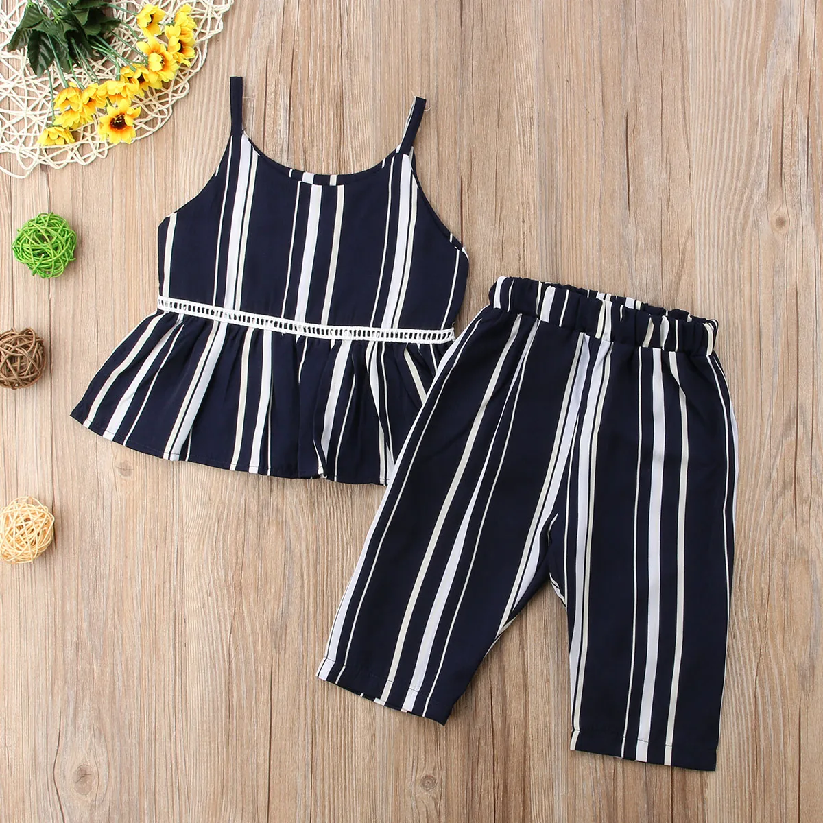

1-6Y Summer Fashion Pretty Toddler Baby Girls 2PCS Sets Sleeveless Striped Ruffles Vest Tops Long Pants Clothes Sets