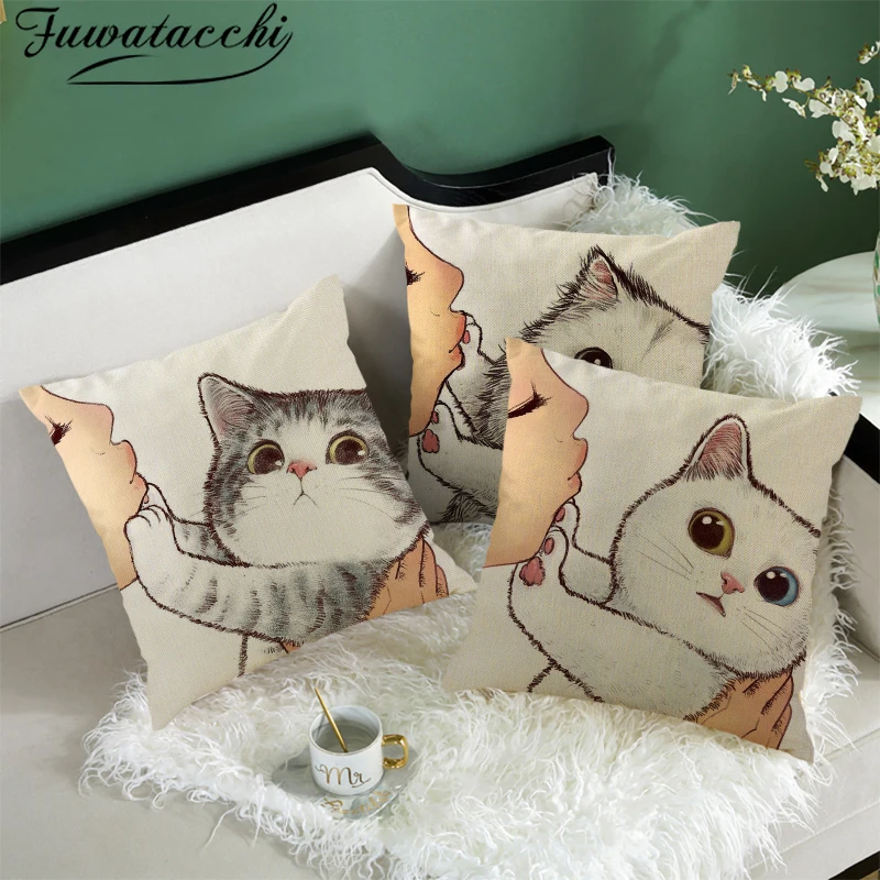 

Fuwatacchi Cushion Cover Cartoon Cute Cat Linen Pillows Cases for Sofa Home Car Pillow Covers Decor Pillowcase 45x45cm