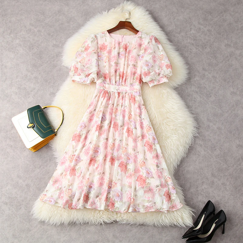 

2021 Fashion Elegant Printing Long Tender Party Dresses New Elegant Grace Womens Summer Chiffon with Lantern Sleeves Lady Dress