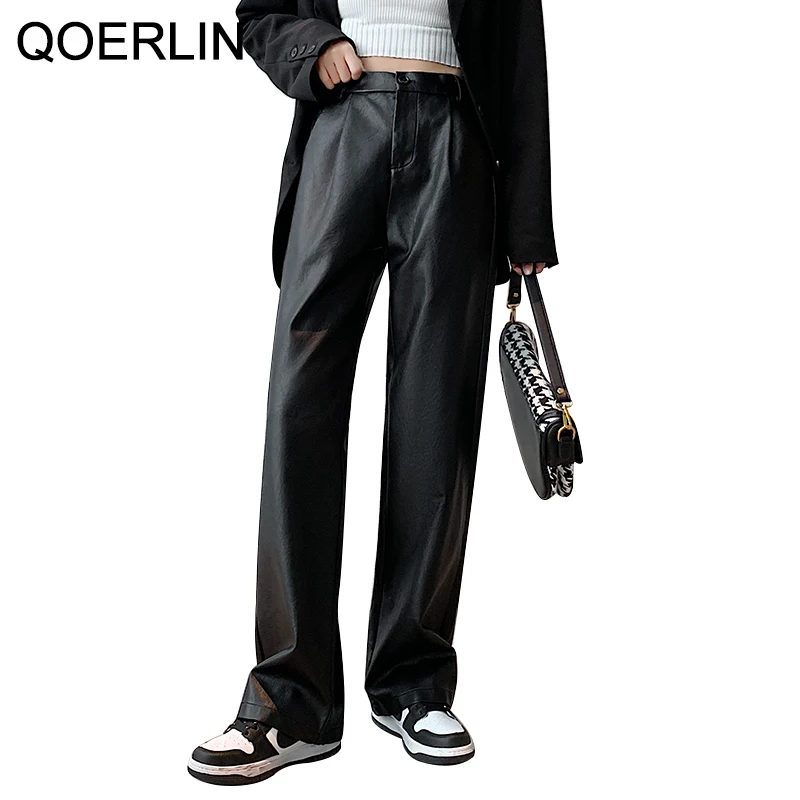 

QOERLIN Elastic High Waist Straight Leather Pants Women Loose Pocket Faux Leather Trouser Chic Harajuku PU Black Pants Plus Size