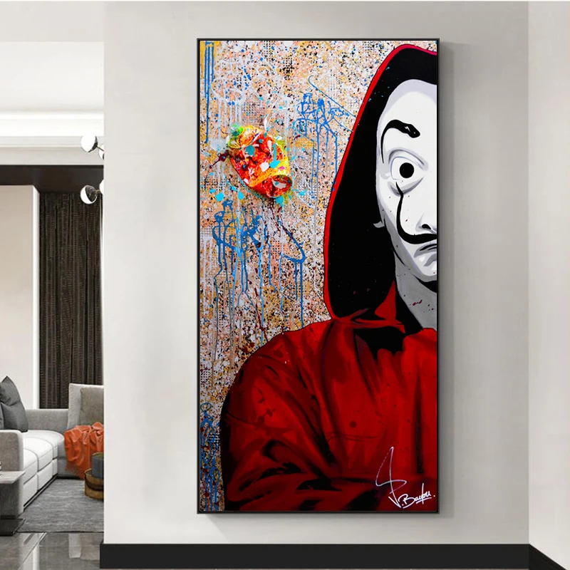 

Canvas Painting Graffiti Man In Red Wearing A Mask Wall Art Poster Print Wall Picture for Living Room Interior Home Decoration