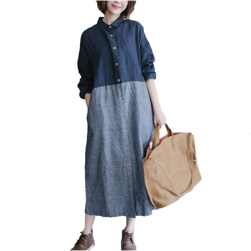 Ретро женское хлопковое льняное платье кимоно туника с длинным рукавом 2020 Весна