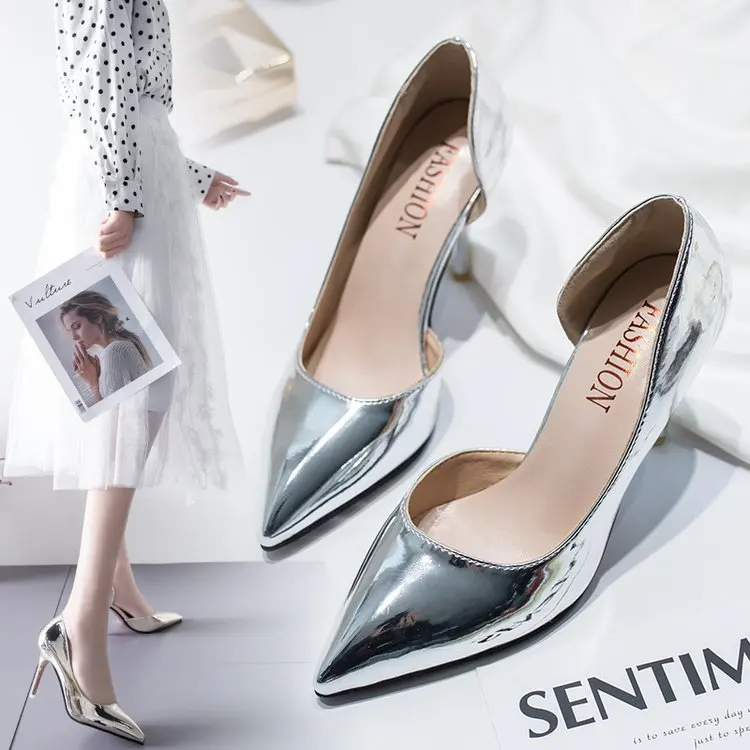 

Women Pumps Mid Heel Pump Ladies Pointed Toe Casual Shoes Sandals High Heels Wedding Sexy Pumps Gold silver Zapatos Mujer 8cm