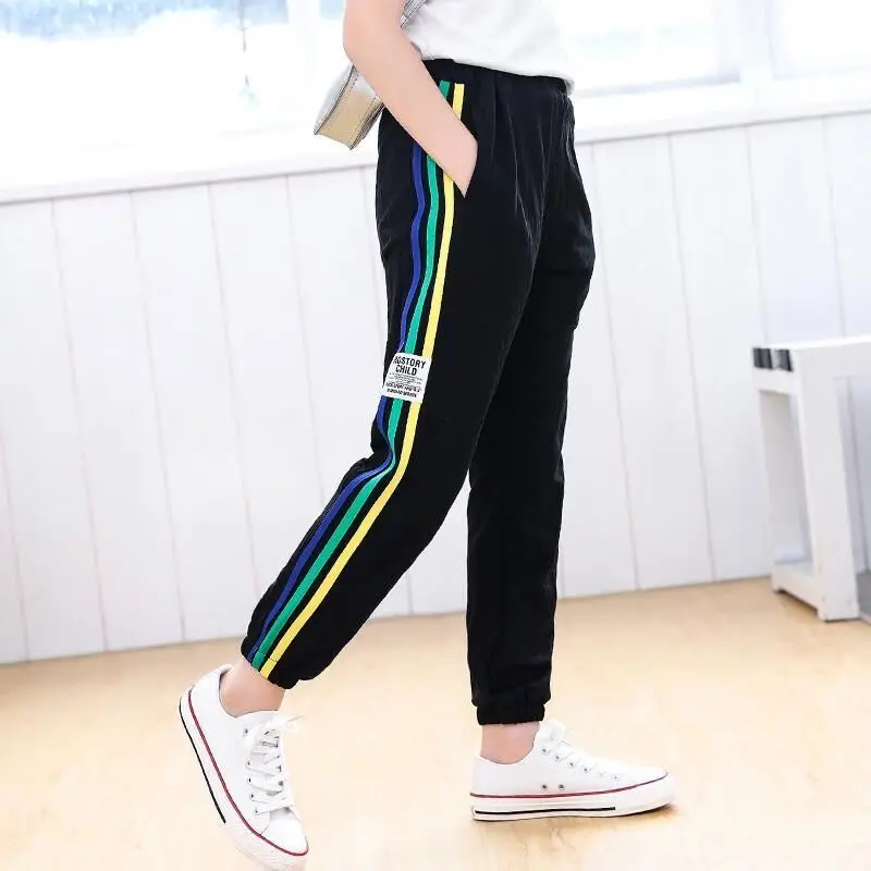 Брюки для девочек повседневные модные спортивные штаны брюки с полосками сбоку