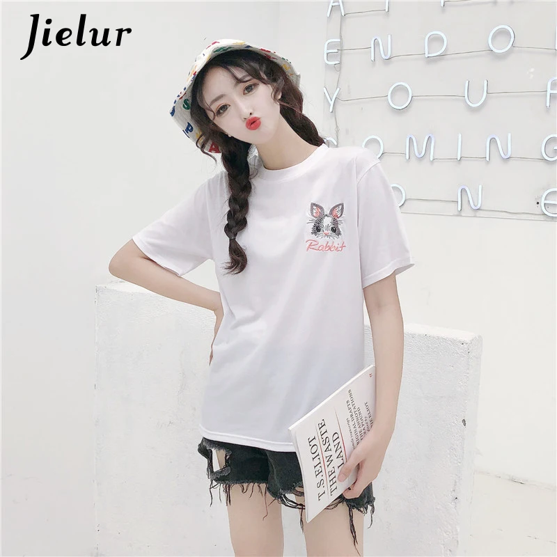 Jielur Harajuku футболка с вышитым кроликом женская летняя новая S 2XL футболки Kpop хипстер