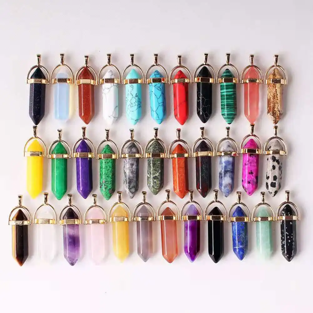 

Mix Crystal Stone Natural stone Pendants Lapis Opal Pink Purple Crystal Hexagonal Column Golden Buckle Fashion Charms Jewelry