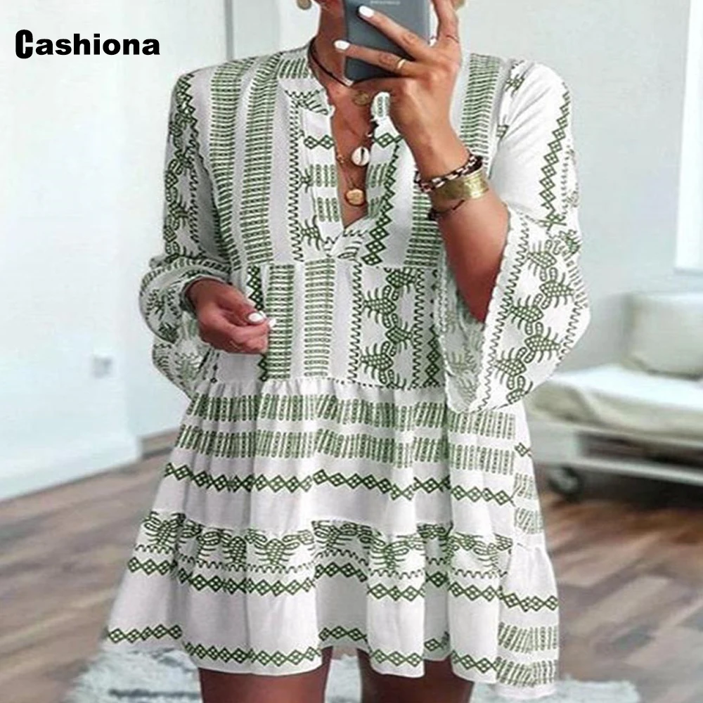 

Women Elegant Short Dress Flare Sleeve Patchwork Dress Vintage 2021 New Summer Casual Boho Loose Dresses Femme Plus Size S-3XL