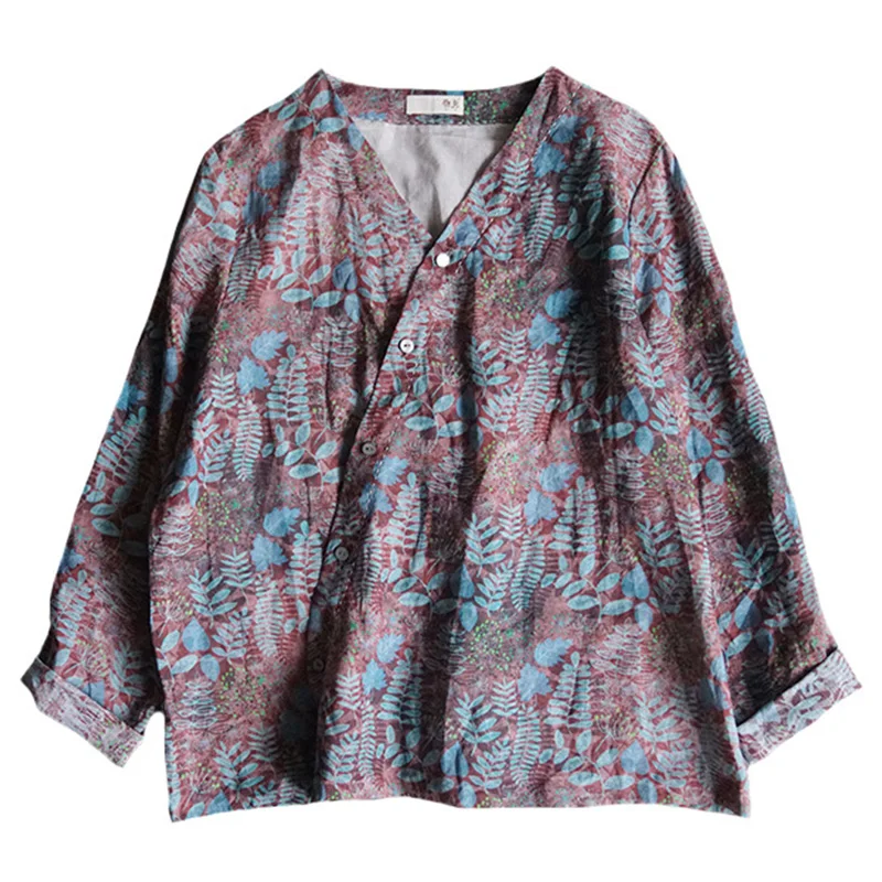 

SCUWLINEN 2020 NEW Vestidos Spring Summer Women Tops Vintage Print V-neck Loose Ramie Shirts P208