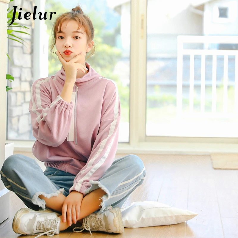 Jielur корейская мода тонкая водолазка Свитшот Женская Полосатая молния фиолетовая