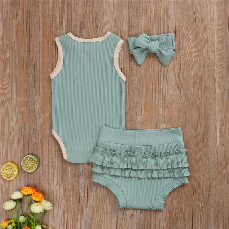 

Summer Baby Boy Girls Clothes Sets Newborn Girls Sleeveless Rompers Tops+Ruffle Shorts Pants+Headband 3pcs Outfits 0-24M