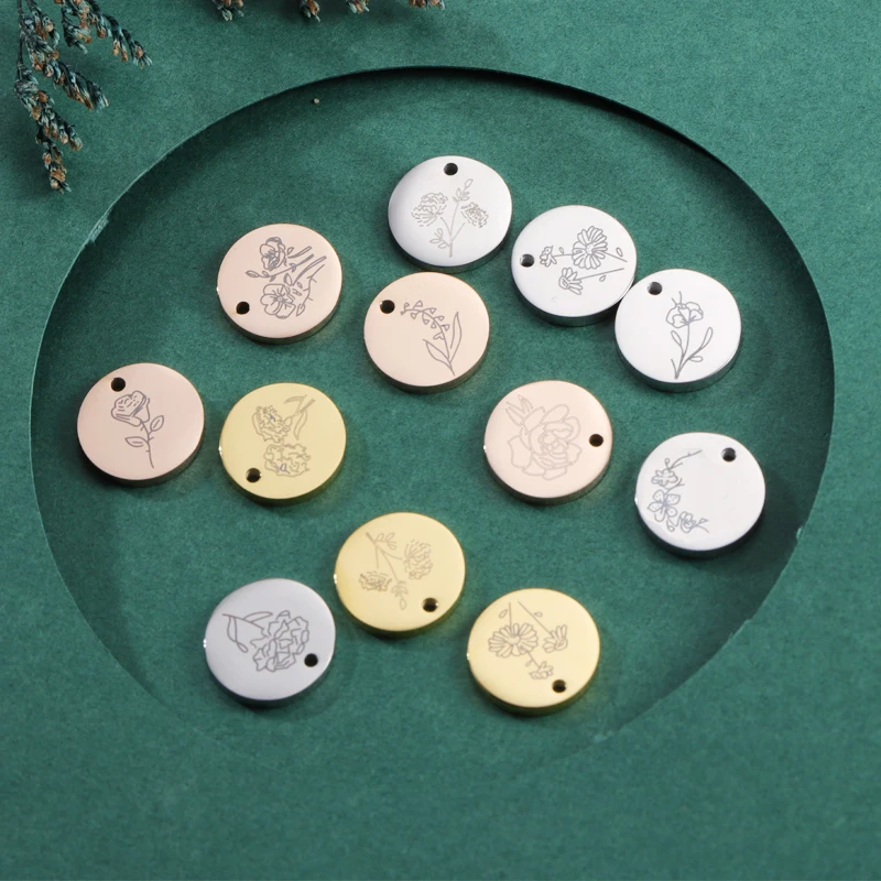 

Fnixtar 12Pcs/Lot 15mm Round Laser Birthday Flower Charms Mirror Polish Stainless Steel Charms For DIY Making Necklace Jewelry