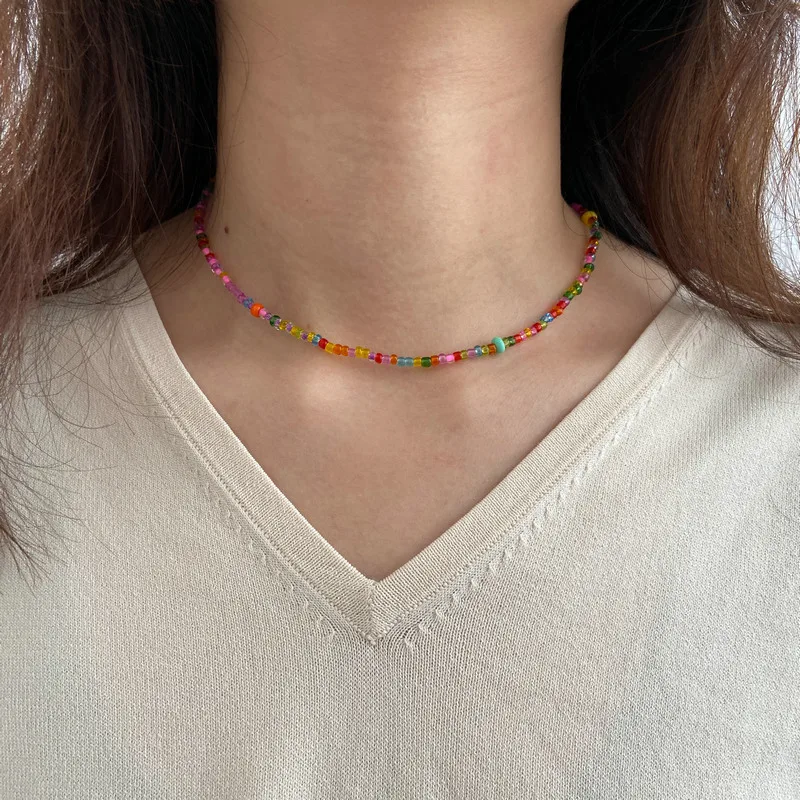 

Fashion Bohemian Short Necklace Hip Hop All-match Beaded Color Rice Bead Necklace Women