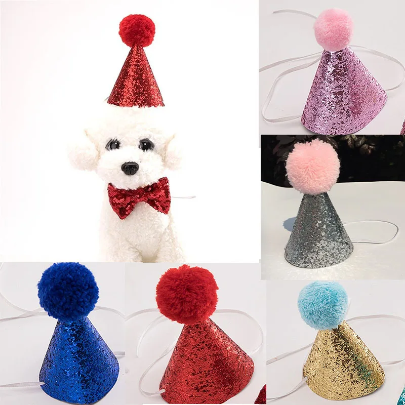 

1Pc Pet Dogs Caps/Bowknot Cat Dog Birthday Costume Sequin Design Headwear Cap Hat Christmas Party Pets Accessories