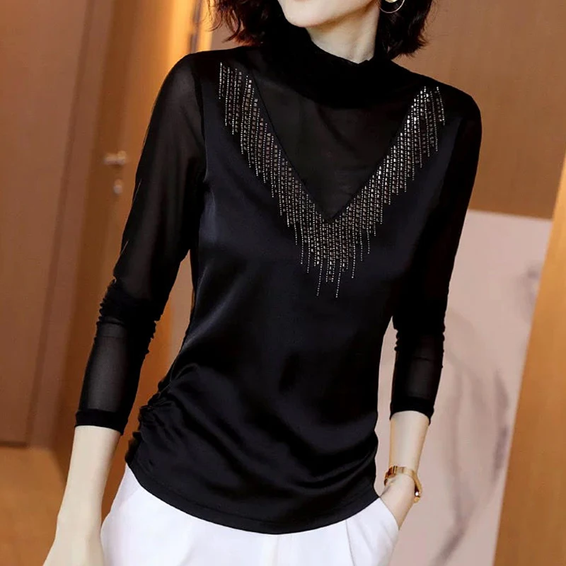 

Women's Spring Autumn Style Blouses Shirt Women's Elegant Diamonds Solid Color Long Sleeve Slim Mesh Tops DD9092