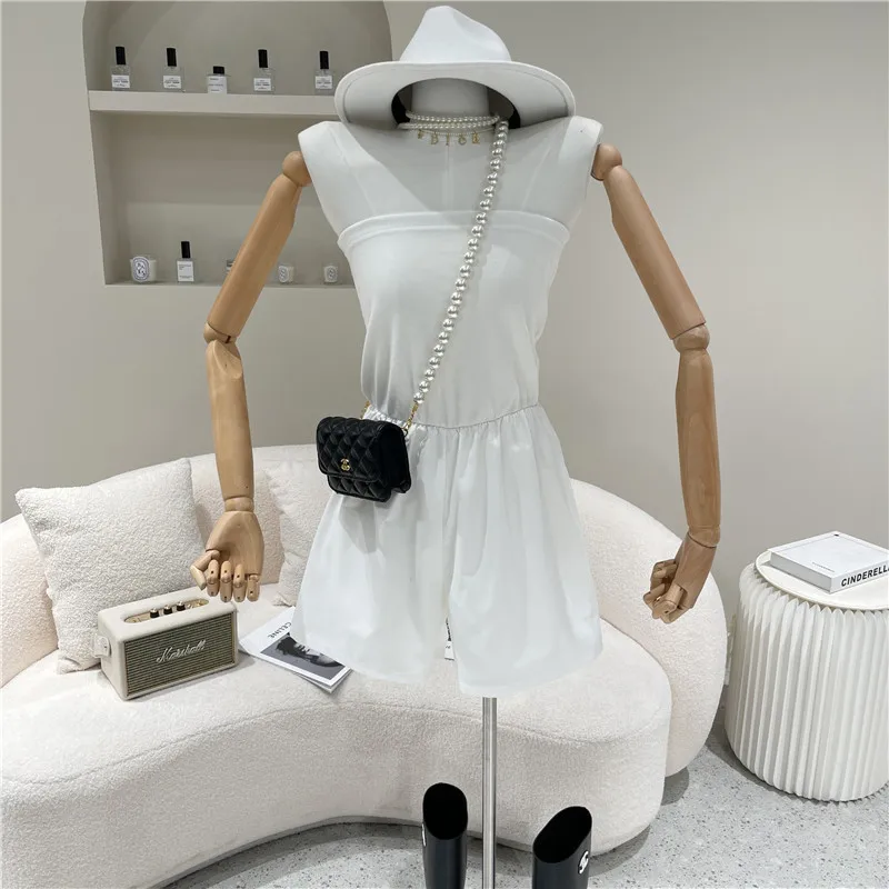 

Niche Design Women's Spring Summer 2021 Fashion Sexy Chest Wrapped Wide Leg Pants Solid Color Boat Neck One Piece Shorts