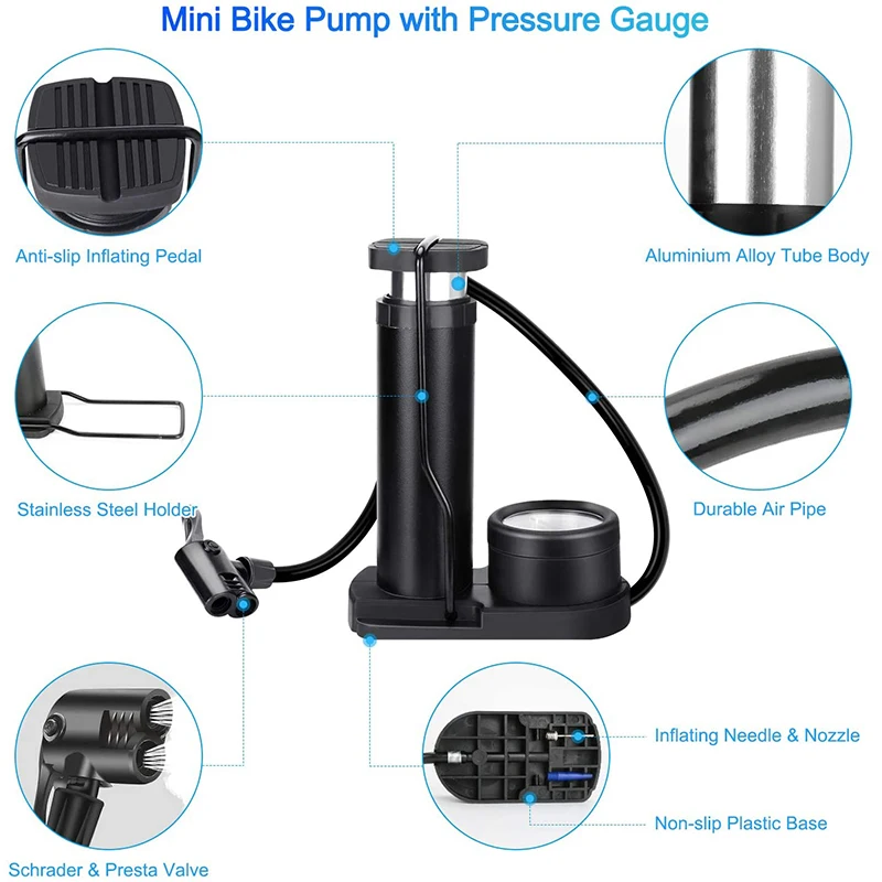 Насос велосипедный портативный с манометром мини-помпа для велосипедов
