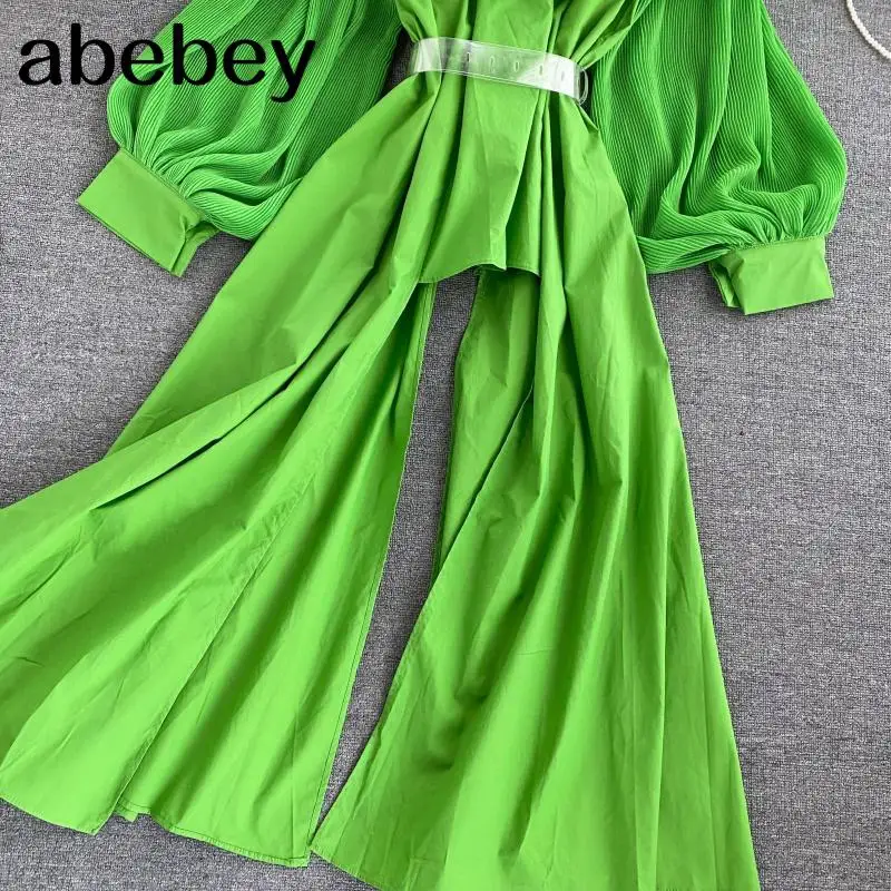 

New Autumn Sexy Women Slash Neck Off Shoulder Ruffled Shirt Casual Puff Sleeve Pleated Chiffon Shirt with Belt