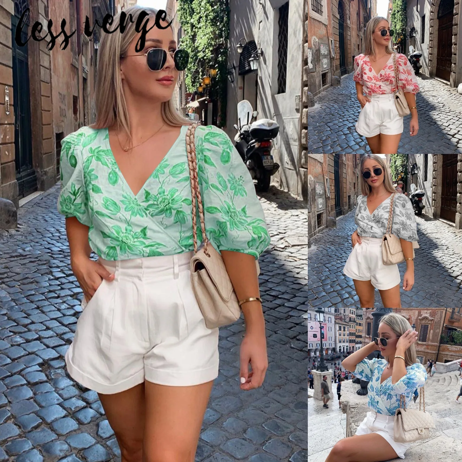 Lessverge Цветочный принт v образным вырезом укороченный блузка рубашка богемный