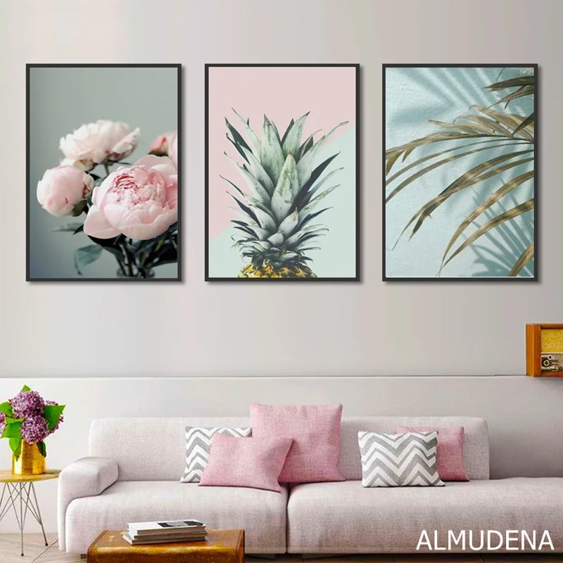 Скандинавский постер розовый цветок зеленый синий лист искусство настенные