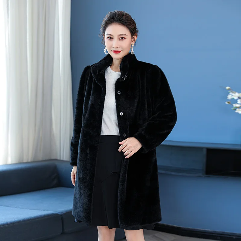 Black Fur Woman Winter Coats and Jackets  The New Mid-length Imitation Mink Keep Warm