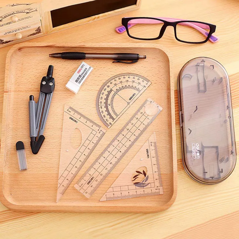 8Pcs/set Plastic+metal Geometry Protractor Drawing School Eraser Compass Set Math Ruler For Students high quality | Канцтовары для