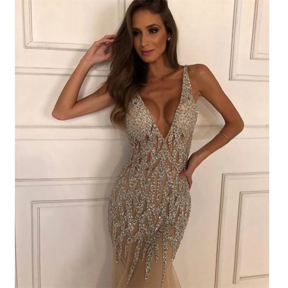 Вечернее платье-Русалка HONGFUYU из тюля с длинным V-образным вырезом без рукавов