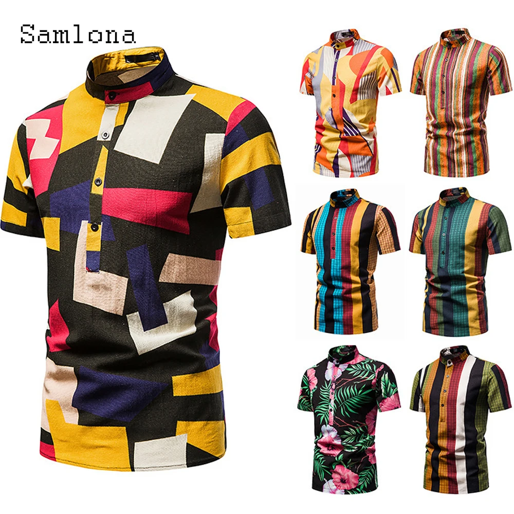Samlona 2022 Fashion Splice Blouse Plus Size Men Vintage 3D Print Tops Casual Pullovers Lepal Collar Shirts clothing ropa homme