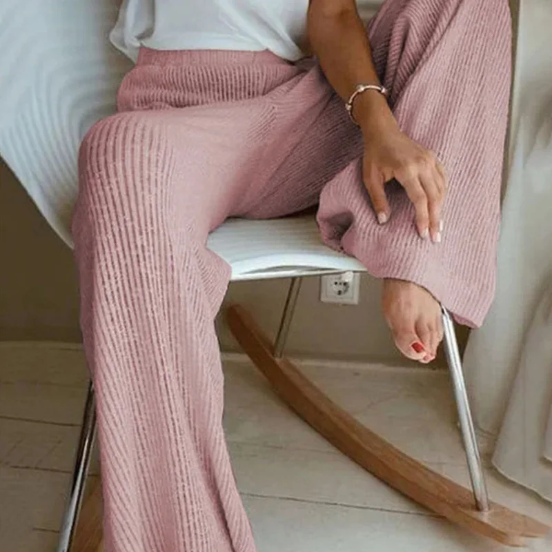 

Women Elegant Solid Ribbed Knitted Pants Casual High Waist Wide Leg Pajamas Pants Home Wear High Quality Soft Cashmere Leggings