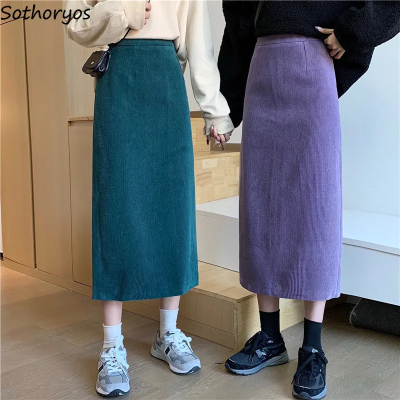 Женская Вельветовая юбка до щиколотки однотонная прямая с высокой талией