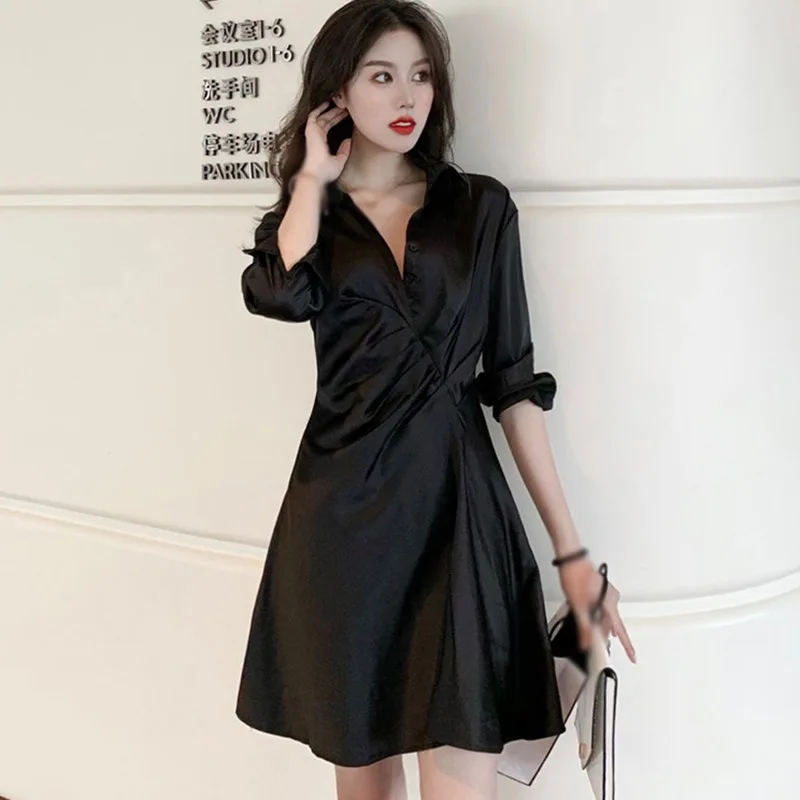 

Women Temperament Waist Was Thinner Long-sleeved Shirt Dress 2021 New Vestidos Button Down Black