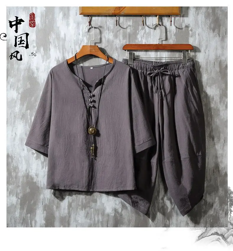

Traje de hebilla de placa de lino y retro para hombres de estilo chino, camiseta de manga tres cuartos de verano, pantal