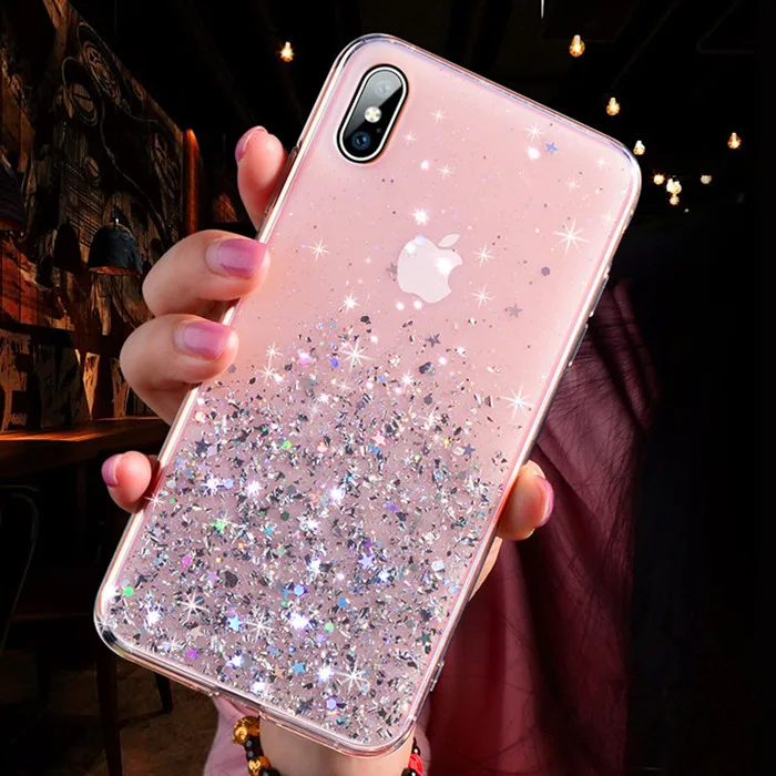 Розовый Модный Блестящий чехол для iPhone X, XR, XS, Max, силиконовый чехол с блестящими стразами для iPhone 7, 8, 6, 6S Plus, 11 Pro, Max, чехол для телефона s - Цвет: Розовый