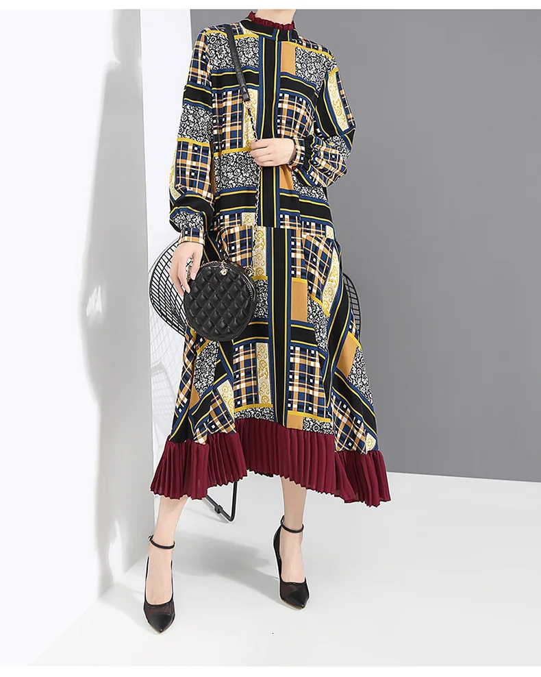 [EAM] Women Pattern Print Pleated Hit Color Dress New Stand Neck Long Sleeve Loose Fit Fashion Tide Spring Autumn 1A884