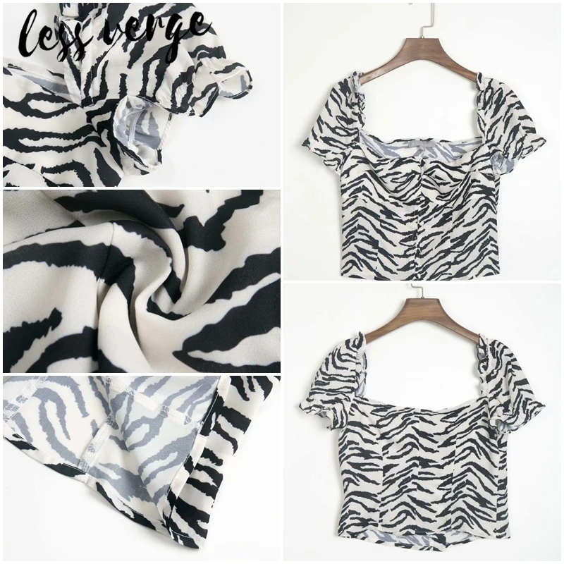 Lessverge с принтом зебры короткий рукав черный танк Повседневный Топ Кнопка шифон