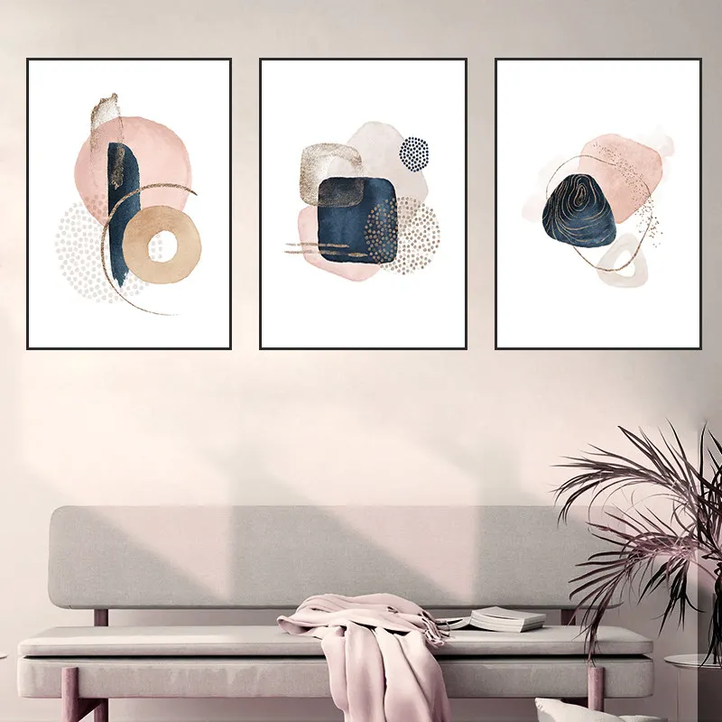 

Abstract Geometric Canvas Painting Golden Lines Pink Blue Posters And Prints Modern Wall Art Pictures Bedroom Home Decor JH002