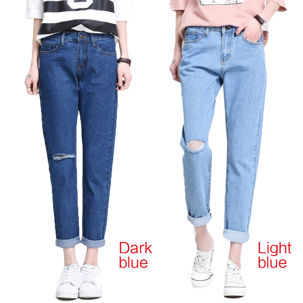 

Spring Summer Boyfriend Style Loose Denim High Waist Ninth Jeans With Hole On Knee Women Thin Pants Feminino Trousers