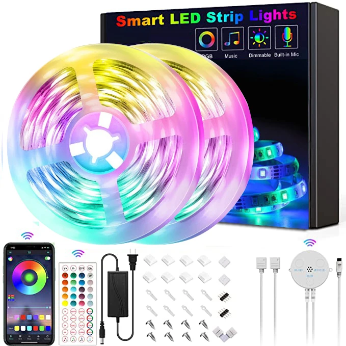 

5050 Led Lights Strips 20/15/10/5m RGB Smart Music Flexible Tape Light Set Bluetooth Bedroom Decoration Timer With APP Control