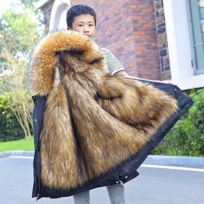 Пальто с капюшоном на меху для мальчиков-подростков зимняя длинная парка теплая
