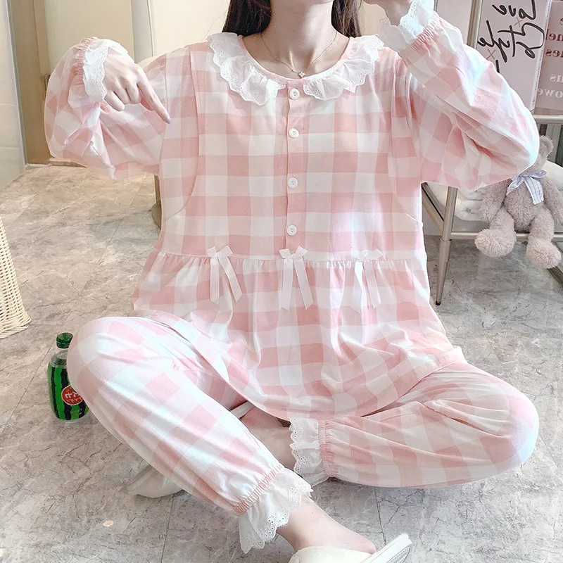 

Pajamas Spring Autumn and Winter Plaid Loose Simple Cute Women Pajamas Casual Soft and Comfortable Home Service Pajamas Set