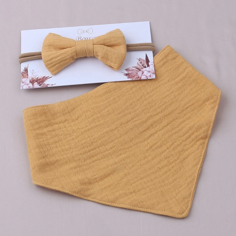 

85DE 2 Pcs Baby Girls Elastic Bow Headband Saliva Towel Set Princess Bowknot Hair Band Bibs Feeding Burp Cloth Kit