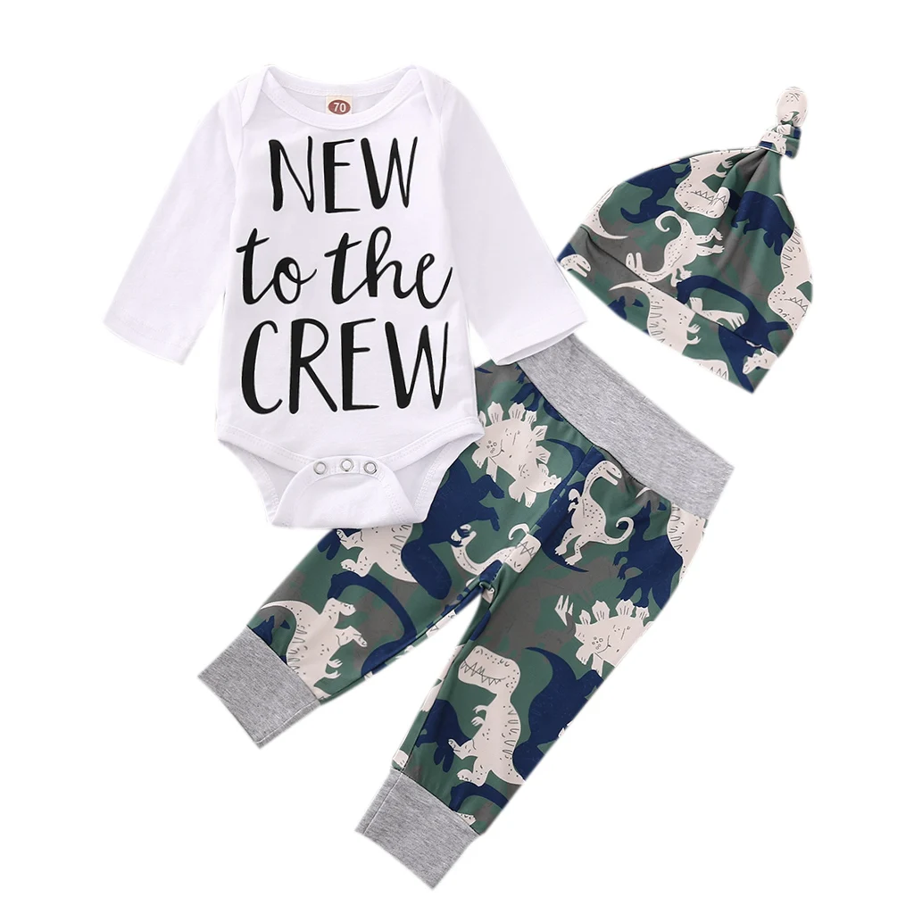 

2020 Infant Baby Boys Clothing Set Long Sleeve Letter Print Bodysuit + Camouflage Long Pants + Hat Set Fall Clothes Sets 0-6M