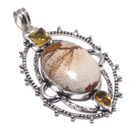 genuine picture jasper citrine pendant silver overlay over copper hand made women jewelry gift p8727
