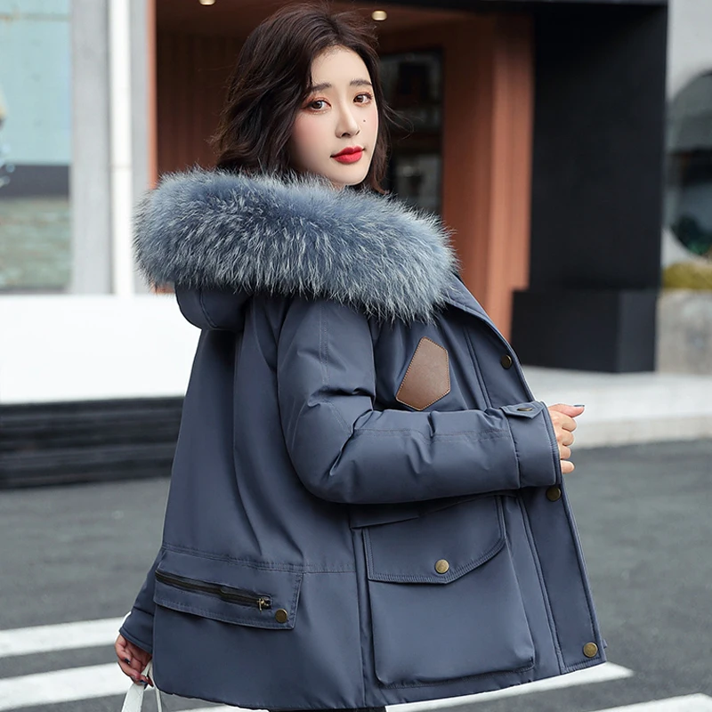 

Winter Coat with Big Pockets Thicken Warm Loose Winter Jacket Women Casual Fur Lining Short Parkas Hooded Fur Collar
