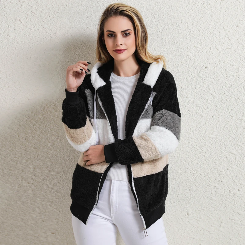 

Winter Women Jacket Warm Plush Casual Loose Hooded Coat Mixed Color Patchwork Winter Outwear Faux Fur Zipper Ladies Parka Coat