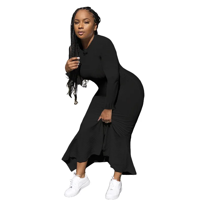 

HAOOHU New arrival 2020 autumn lady 3 colors solid ankle-length dress full sleeve O-neck ruffles dress lady daily dress