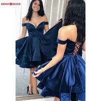 navy blue satin short prom dress 2022 tiered sweetheart off shoulder sheer neck homecoming lace up back evening gown formal