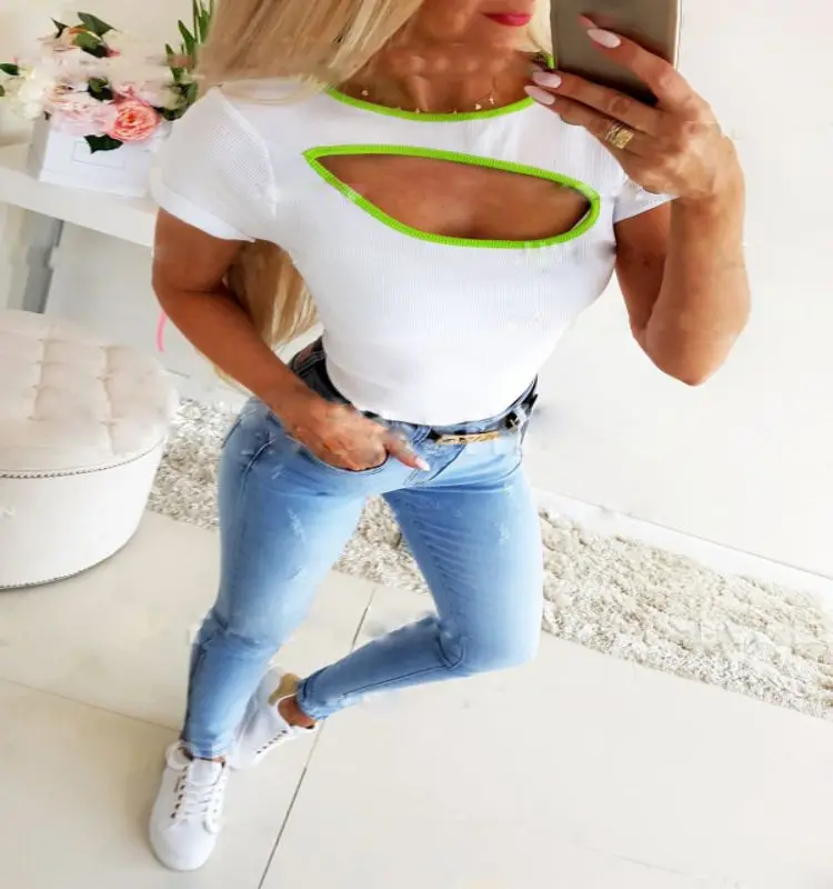 

Женская футболка с коротким рукавом, эластичная облегающая футболка с круглым вырезом и вырезами, базовая уличная одежда, осень